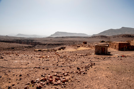 Berber houses shelters and oases of the Berber caravans Berber shepherds houses on the atlas between Bab N Ali and Jebel Saghro near Marrakesh and Ouarzazate in Moroccoの写真素材