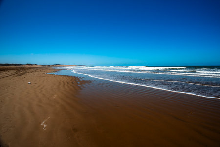 beautiful beach of Essaouira with surfers and waves that die on the beaches of Moroccoの写真素材