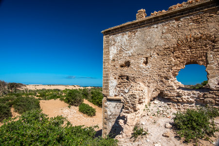 ruins of ancient dwelling among the deserted dunes of the beaches with blue sky and green trees in...