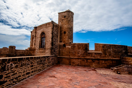 Typical Moroccan architecture in the fortified city of Essaouira with its port and crenellated...