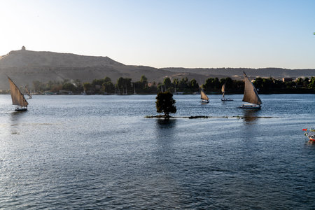 Golden hour view of the Nile in Aswan Egypt with sailboats and a small island set against desert...