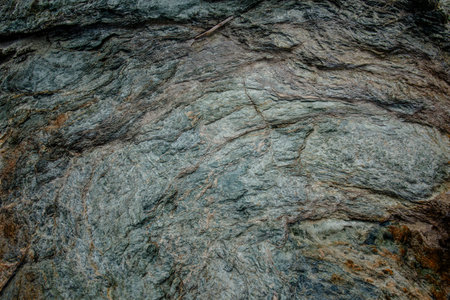 Detailed view of layered rock surface with flowing mineral patterns and muted green tones, suitable...