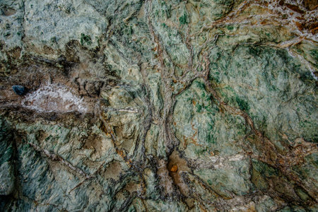 Close-up of green and gray rock surface with visible mineral veins, fractures, and natural color...