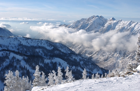 Mountains view from summit of Snowbird skiing resort, Utahの写真素材