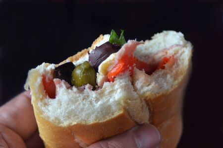 Bread sandwich stuffed meat,cheese and vegetables