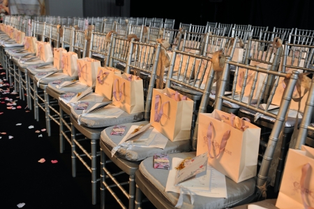 NEW YORK- OCTOBER 14: Gift bags on seats before runway for Claire Pettibone bridal show for Fall 2013 during NY Bridal Fashion Week on October 14, 2012 in New York City, NY のeditorial素材