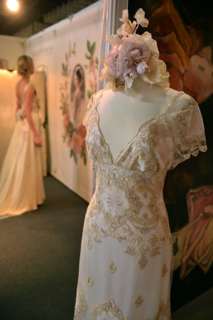 NEW YORK - APRIL 22: A Bridal dress on mannequin for Claire Pettibone bridal presentation at Pier 92 during International Bridal Fashion Week on April 22, 2013 in New York City のeditorial素材