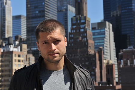 Male actor headshot showing action movie charackterの写真素材