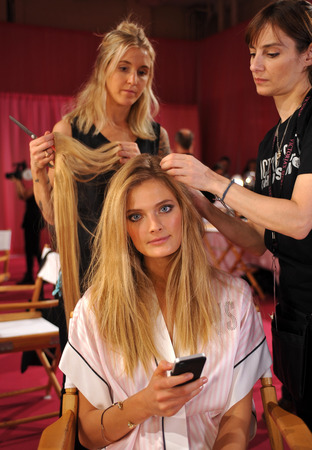 NEW YORK, NY - NOVEMBER 13: Model Constance Jablonski prepares at the 2013 Victoria's Secret Fashion Show hair and makeup room at Lexington Avenue Armory on November 13, 2013 in New York City. のeditorial素材