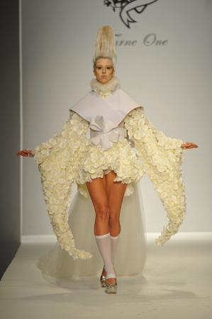 Los Angeles, CA - MARCH 13: A model walks the runway at Furne One fashion show during Style Fashion Week Fall 2014 at The LA Live Event Deck on March 13, 2014 in LA.のeditorial素材