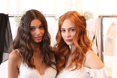 NEW YORK, NY - June 16: Models getting ready backstage at the Claire Pettibone Spring 2015 Romantique Bridal collection show on June 16, 2014 in NYC.のeditorial素材