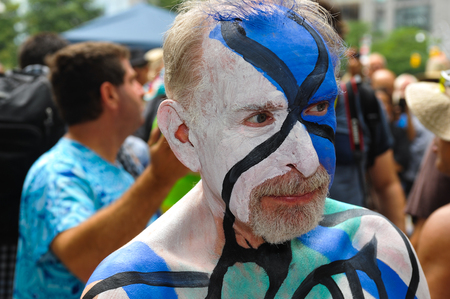 NEW YORK - JULY 26: Nude models, artists take to New York City streets during first official Body Painting Event featuring artist Andy Golub on July 26, 2014 in New York NYのeditorial素材