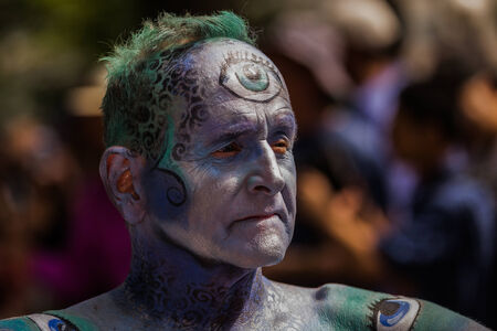 NEW YORK - JULY 26: Nude models, artists take to New York City streets during first official Body Painting Event featuring artist Andy Golub on July 26, 2014 in New York NY のeditorial素材
