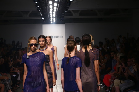 NEW YORK - SEPTEMBER 06: Models walk runway finale for Katya Leonovich Spring/Summer 2015 presentation at Pier59 during New York Fashion Week on September 06, 2014 in NYC.のeditorial素材