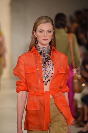 NEW YORK, NY - SEPTEMBER 11: A model walks the runway at Ralph Lauren fashion show during...