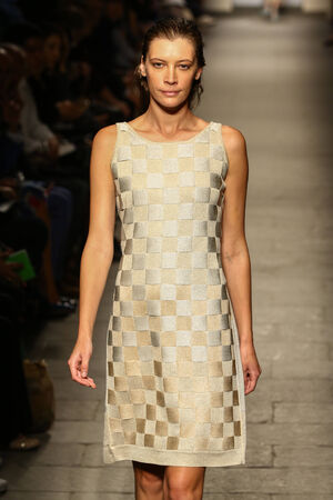 MILAN, ITALY - SEPTEMBER 20: A model walks the runway at the Cividini Show as part of Milan Fashion Week Womenswear Spring 2015 on September 20, 2014 in Milan, Italy.のeditorial素材