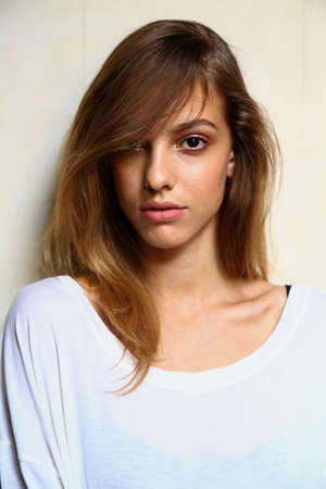 MILAN, ITALY - SEPTEMBER 20: A model posing backstage before the Genny fashion show as part of Milan Fashion Week Womenswear Spring-Summer 2015 on September 20, 2014 in Milan, Italy.のeditorial素材