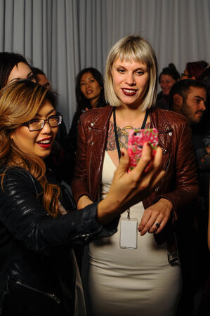 NEW YORK, NY - OCTOBER 25: Desiger Stephanie Paterek (R) and guest attends Love Cage Spring 2015 lingerie presentation at the Center 548 on October 25, 2014 in New York City.のeditorial素材