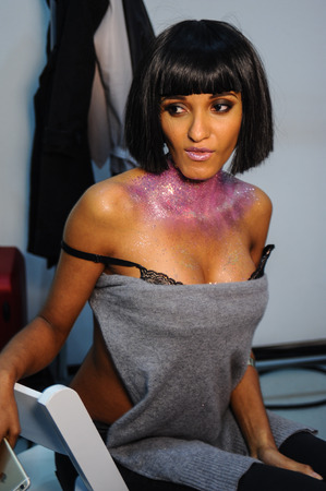 NEW YORK, NY - OCTOBER 25: Models pose sexy backstage during Made in the USA Spring 2015 lingerie showcase preparations at the Center 548 on October 25, 2014 in New York City.のeditorial素材