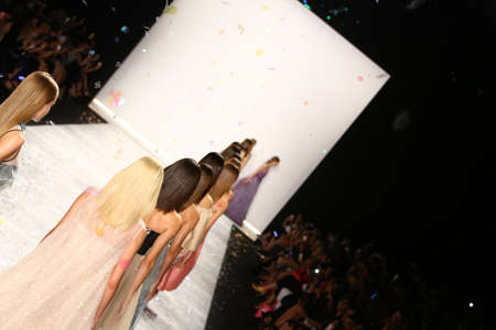 NEW YORK, NY - SEPTEMBER 05: Models walk the runway finale at Monique Lhuillier during Mercedes-Benz...