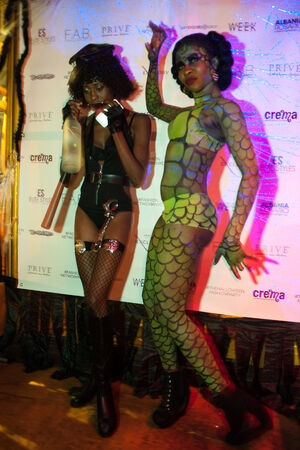 NEW YORK, NY - OCTOBER 31: Guests in mascarade costumes posing at The Fashion Party during Halloween event at the West Village Crema Restaurant on October 31, 2014 in New York City.のeditorial素材