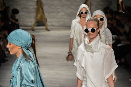 NEW YORK, NY - SEPTEMBER 04: Models walk the runway finale at Nicholas K during MBFW Spring 2015 at The Pavilion at Lincoln Center on September 4, 2014 in NYC.のeditorial素材