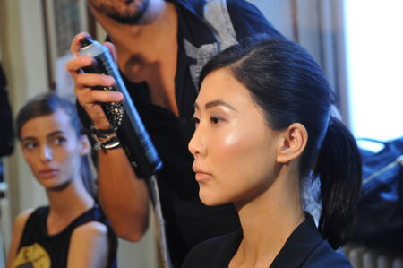 MILAN, ITALY - SEPTEMBER 17: A general atmosphere backstage during the Chicca Lualdi show as a part of Milan Fashion Week Womenswear Spring/Summer 2015 on September 17, 2014 in Milan, Italy.のeditorial素材