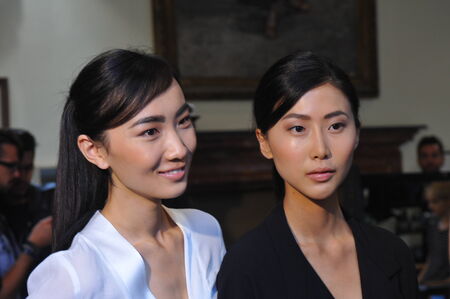 MILAN, ITALY - SEPTEMBER 17: A general atmosphere backstage during the Chicca Lualdi show as a part of Milan Fashion Week Womenswear Spring/Summer 2015 on September 17, 2014 in Milan, Italy.のeditorial素材