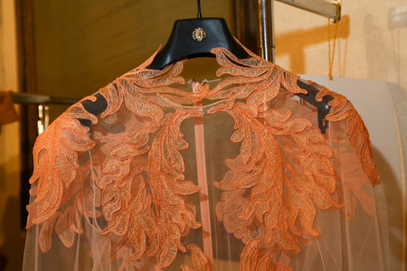 MILAN, ITALY - SEPTEMBER 17: A model getting ready backstage during the Francesco Scognamiglio show as part of Milan Fashion Week Womenswear Spring/Summer 2015 on September 17, 2014 in Milan, Italy.のeditorial素材