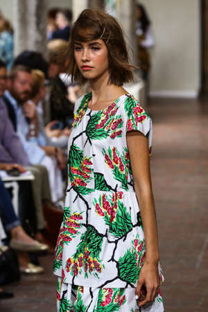 MILAN, ITALY - SEPTEMBER 17: A model walks the runway during the I'M Isola Marras show as part of Milan Fashion Week Womenswear Spring/Summer 2015 on September 17, 2014 in Milan, Italy.のeditorial素材
