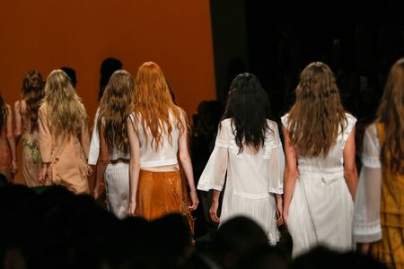 MILAN, ITALY - SEPTEMBER 17: Models walk the runway finale during the Alberta Ferretti show as part of Milan Fashion Week Womenswear Spring/Summer 2015 on September 17, 2014 in Milan, Italy.のeditorial素材