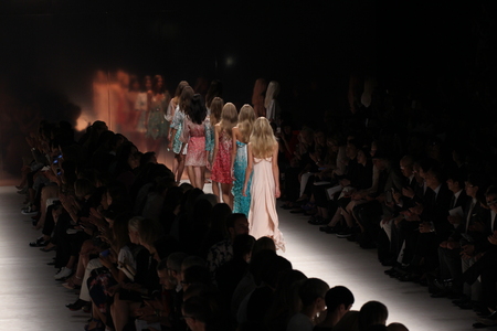 MILAN, ITALY - SEPTEMBER 19: Models walk the runway during the Blumarine show as a part of Milan Fashion Week Womenswear Spring/Summer 2015 on September 19, 2014 in Milan, Italyのeditorial素材