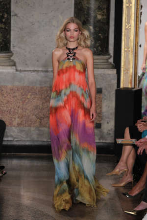 MILAN, ITALY - SEPTEMBER 20: A model walks the runway at the Emilio Pucci show as a part of Milan Fashion Week Womenswear Spring/Summer 2015 on September 20, 2014 in Milan, Italy.のeditorial素材