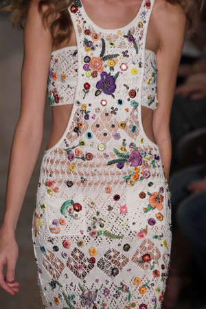 MILAN, ITALY - SEPTEMBER 20: A model walks the runway at the Emilio Pucci show as a part of Milan Fashion Week Womenswear Spring/Summer 2015 on September 20, 2014 in Milan, Italy.のeditorial素材