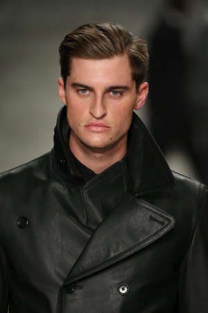 NEW YORK, NY - FEBRUARY 12: A model walks the runway at the Todd Snyder fashion show during Mercedes-Benz Fashion Week Fall 2015 at The Pavilion at Lincoln Center on February 12, 2015 in New York City.のeditorial素材