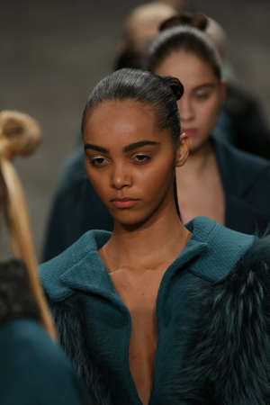 NEW YORK, NY - FEBRUARY 14: Models walk the runway finale at Son Jung Wan fashion show during Mercedes-Benz Fashion Week Fall 2015 at Lincoln Center on February 14, 2015 in New York Cityのeditorial素材