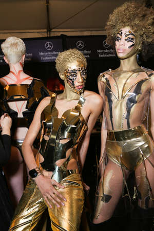 NEW YORK, NY - FEBRUARY 15: Model posing backstage at the FTL Moda fashion show during Mercedes-Benz Fashion Week Fall 2015 at Lincoln Center on February 15, 2015 in NYC.のeditorial素材