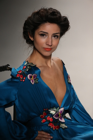 NEW YORK, NY - FEBRUARY 15: A model walks the runway at the FTL Moda fashion show during Mercedes-Benz Fashion Week Fall 2015 at The Salon at Lincoln Center on February 15, 2015 in NYCのeditorial素材