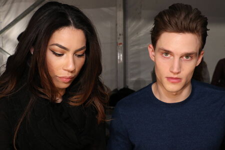 NEW YORK, NY - FEBRUARY 19: A model getting ready backstage at the SERGIO DAVILA fashion show during Mercedes-Benz Fashion Week Fall 2015 at The Pavilion at Lincoln Center on February 19, 2015 in NYC.のeditorial素材