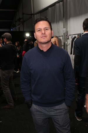 NEW YORK, NY - FEBRUARY 19: Sergio Davila (C) and models  backstage at the SERGIO DAVILA fashion show during MBFW Fall 2015 at The Pavilion at Lincoln Center on February 19, 2015 in NYC.のeditorial素材