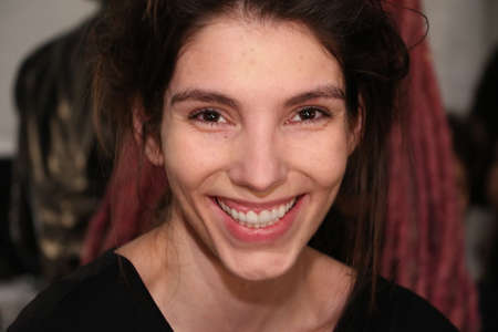 NEW YORK, NY - FEBRUARY 19: A model getting ready backstage at the SERGIO DAVILA fashion show during Mercedes-Benz Fashion Week Fall 2015 at The Pavilion at Lincoln Center on February 19, 2015 in NYC.のeditorial素材