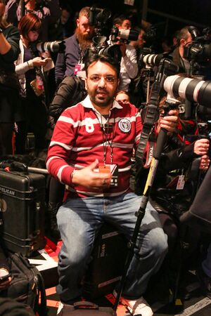 NEW YORK, NY - FEBRUARY 15: Photographers getting ready frontstage at the FTL Moda fashion show during MBFW Fall 2015 at The Salon at Lincoln Center on February 15, 2015 in NYC.のeditorial素材