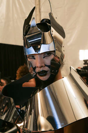 NEW YORK, NY - FEBRUARY 15: A model getting ready backstage at the FTL Moda fashion show during MBFW Fall 2015 at The Salon at Lincoln Center on February 15, 2015 in NYC.のeditorial素材
