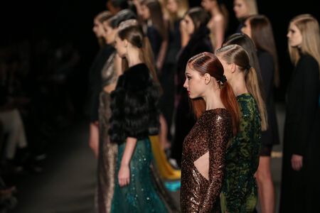 NEW YORK, NY - FEBRUARY 13: Models walk the runway at the Monique Lhuillier fashion show during MBFW Fall 2015 at Lincoln Center on February 13, 2015 in NYCのeditorial素材