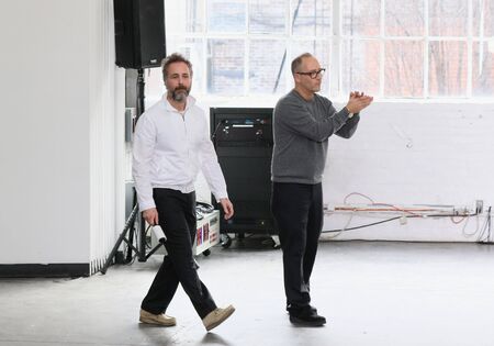 NEW YORK, NY - FEBRUARY 12: Designer couple Steven Cox(L) and Daniel Silver(R) bow at the Duckie Brown Fashion Show during MBFW Fall 2015 at Industria Superstudio on February 12, 2015 in NYCのeditorial素材