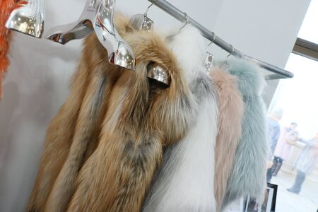 NEW YORK, NY - FEBRUARY 12: Fur coats on rack during Helen Yarmak presentation during MBFW Fall 2015...