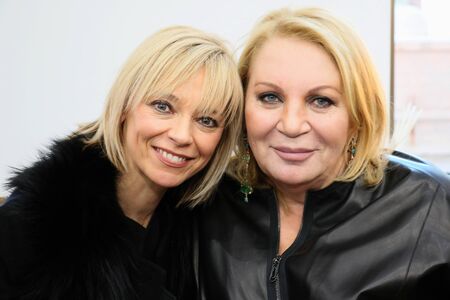 NEW YORK, NY - FEBRUARY 12: Designer Helen Yarmak (R) and guest during Helen Yarmak presentation during MBFW Fall 2015 at 730 Fifth Avenue on February 12, 2015 in NYCのeditorial素材