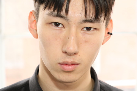 NEW YORK, NY - FEBRUARY 12: A model posing backstage at the Duckie Brown Fashion Show during Mercedes-Benz Fashion Week Fall 2015 at Industria Superstudio on February 12, 2015 in NYCのeditorial素材