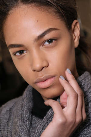 NEW YORK, NY - FEBRUARY 13: A model getting ready backstage at the Sally LaPointe Fashion show during MBFW Fall 2015 at Skylight Modern on February 13, 2015 in NYC.のeditorial素材