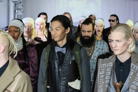 NEW YORK, NY - FEBRUARY 13: Models walk at Nina Athanasiou Runway at MBFW Fall 2015 at The Designer's Loft on February 13, 2015 in NYC.のeditorial素材